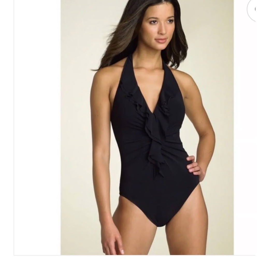 Miraclesuit Classics Isabella Ruffle Halter Ties Top Swim Soft Cup Slim Black 8